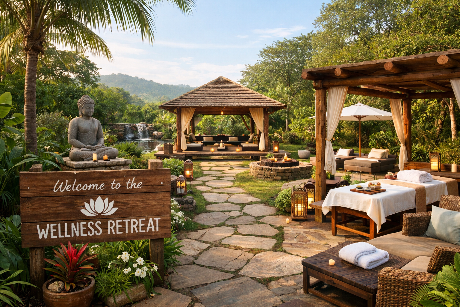 The realistic photo of a wellness retreat place ready to welcome visitors