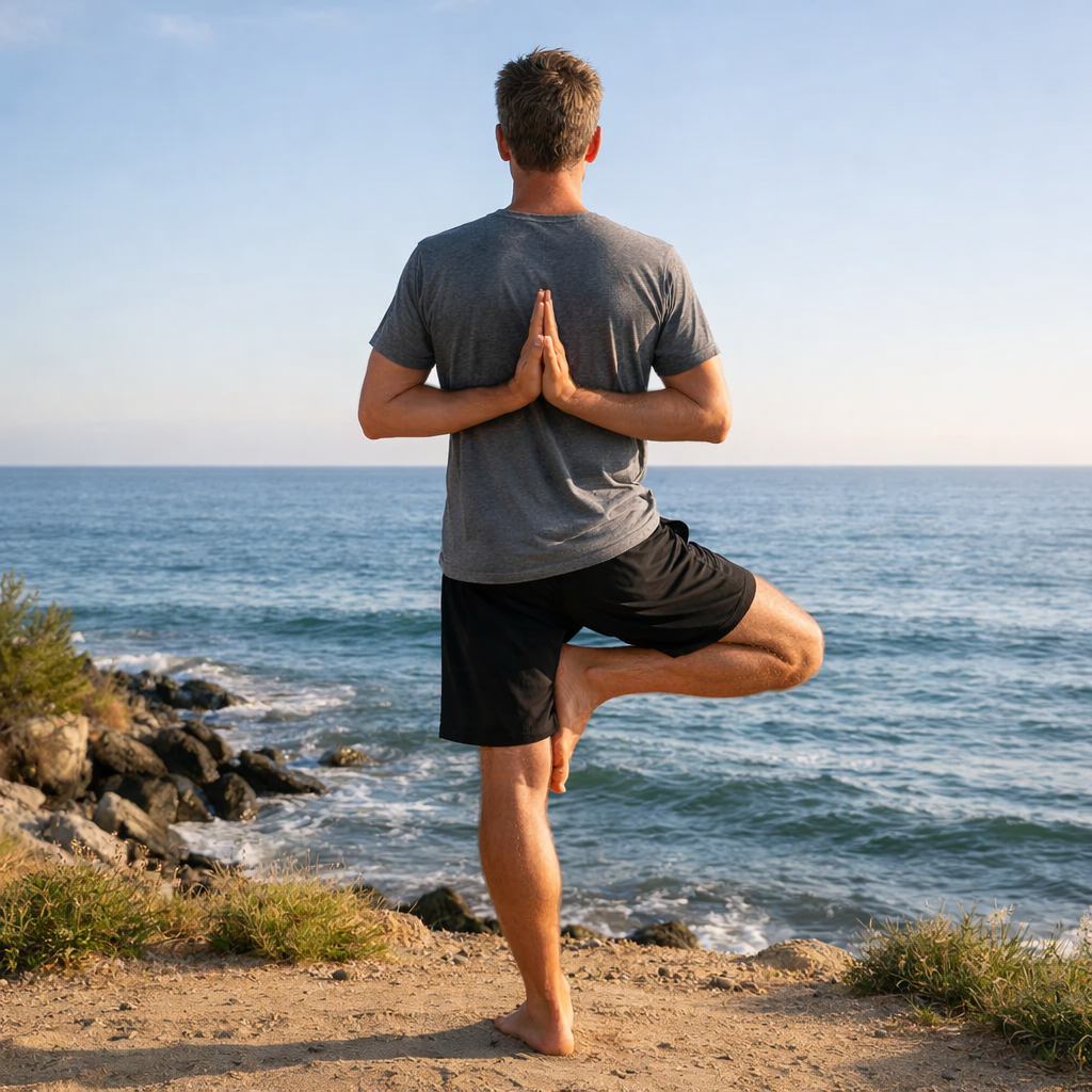 The realistic photo portrays a man standing in a yoga pose tree facing the ocean visible on the background-2
