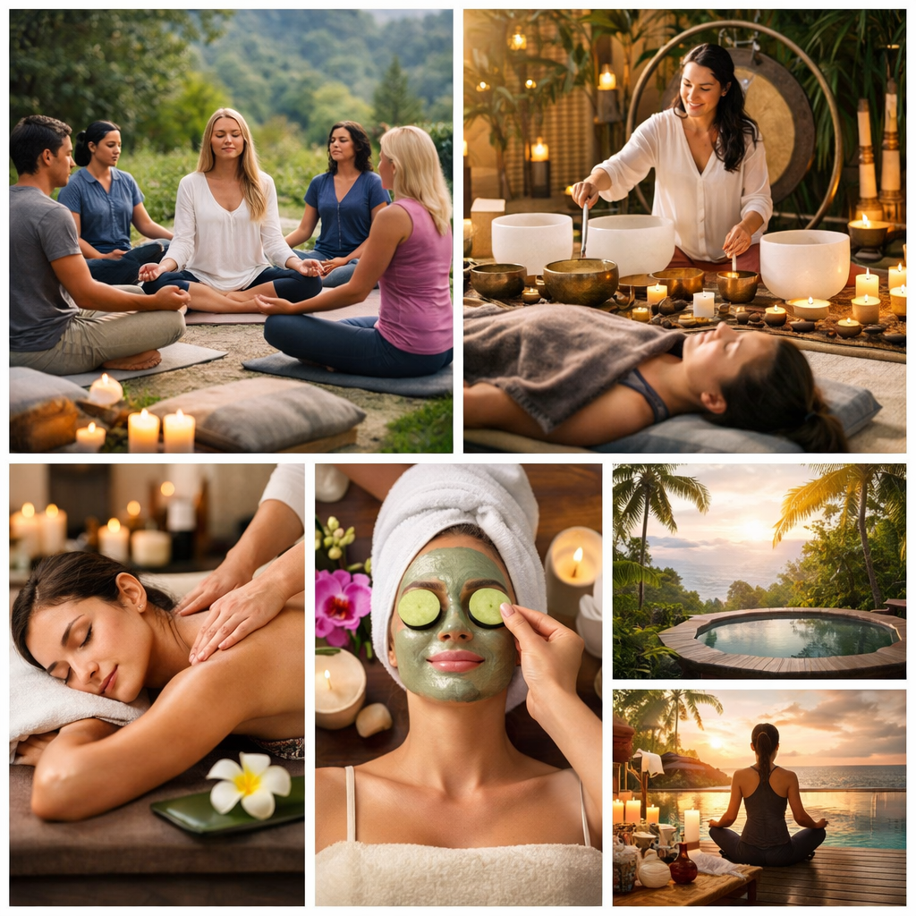 a photo greed to reflect wellness retreat servicesgroup meditation sound bath treatment spa treatment etc